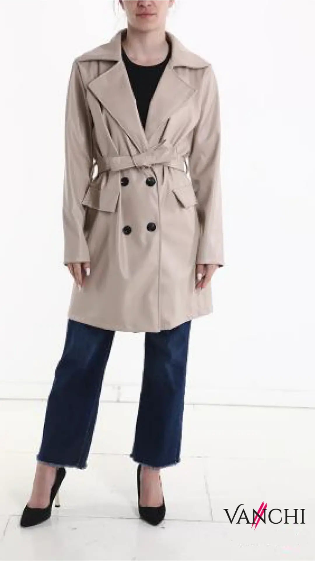 Trench ecopelle doppio petto con cintura Vanchi