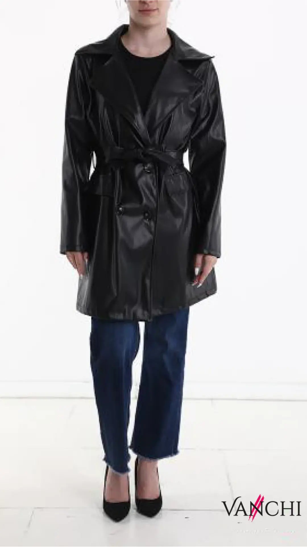 Trench ecopelle doppio petto con cintura Vanchi