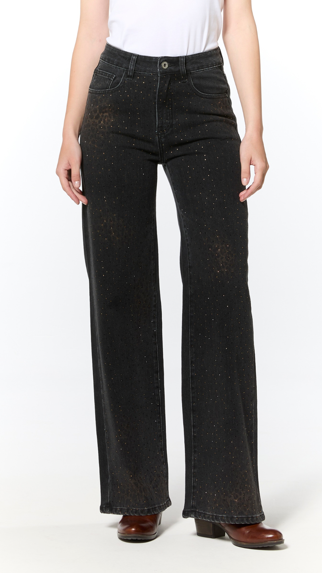 Jeans nero con stampa animalier e strass in oro Vanchi