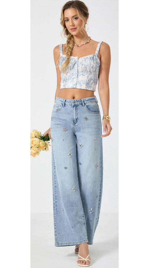 Jeans chiaro a palazzo con decorazioni in pietre Vanchi