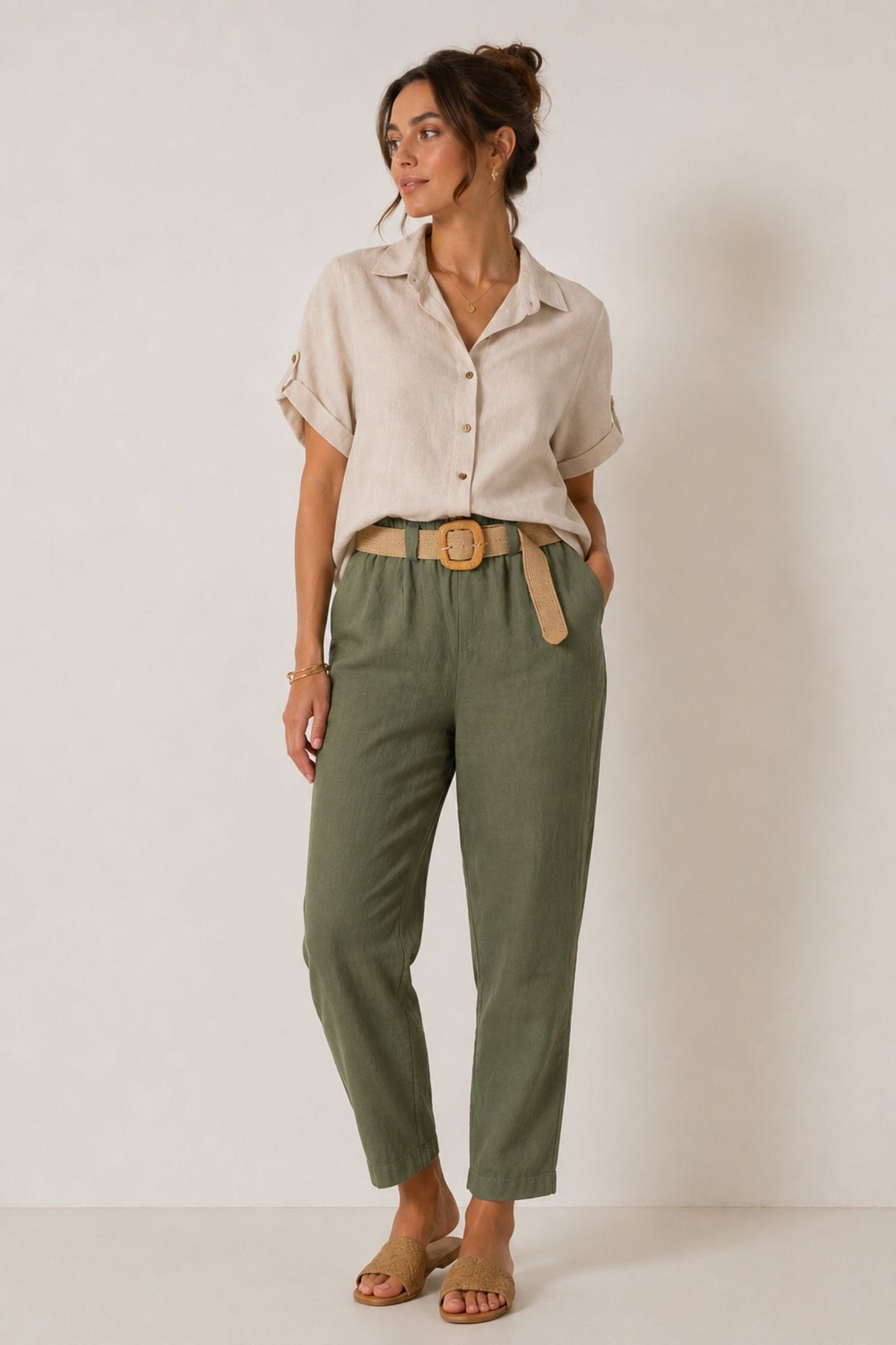 Pantaloni con cintura in misto lino Vanchi