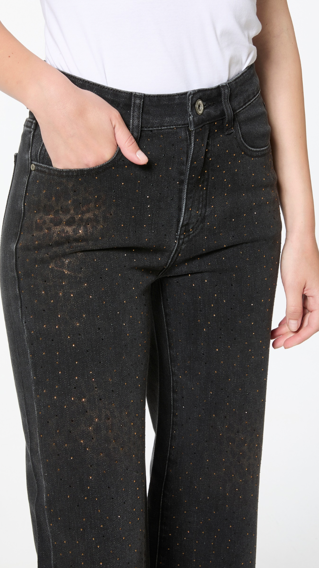 Jeans nero con stampa animalier e strass in oro Vanchi