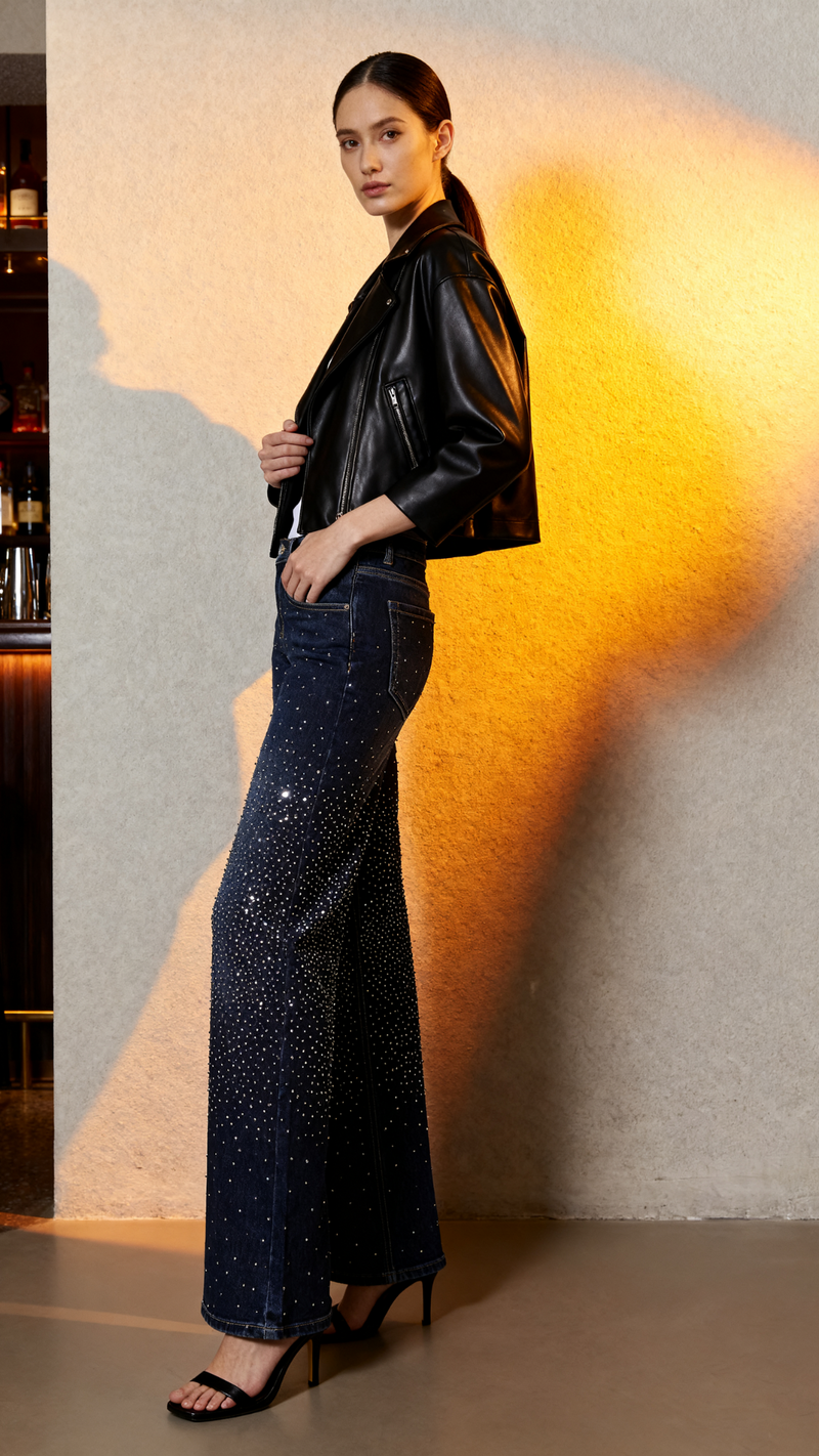 Jeans a palazzo blu scuro con strass Vanchi